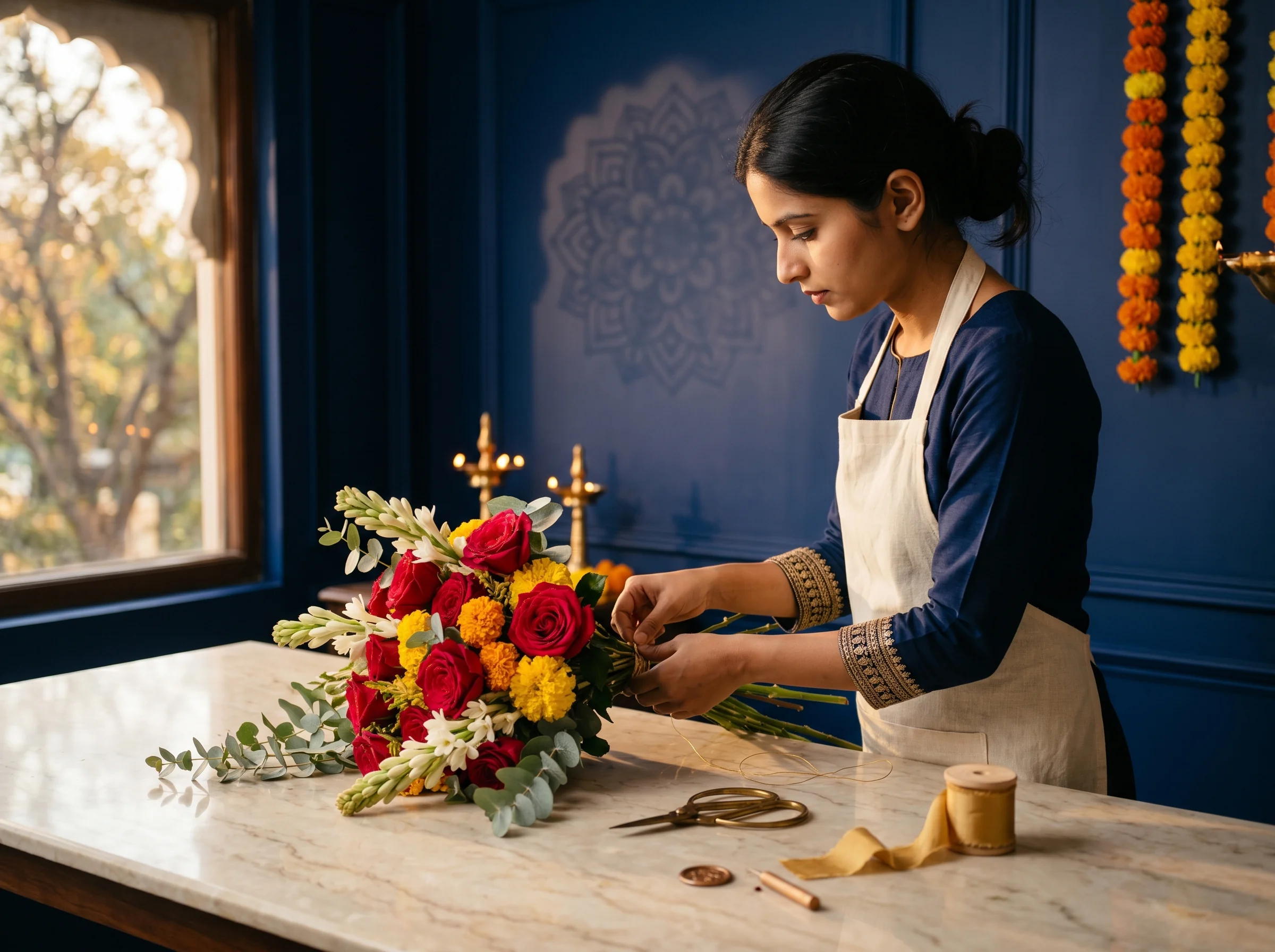 Master florist hand-tying a bouquet of crimson roses, marigolds and tuberose at the Darbar atelier in Gwalior